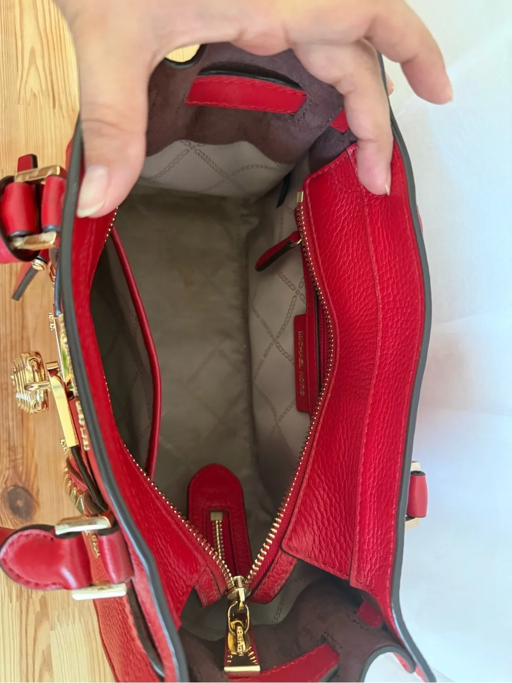 Michael Kors Red Leather Studded Satchel with Padlock Charm